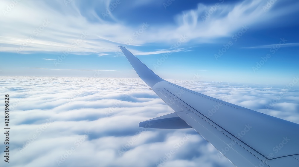 Fototapeta premium Airplane wing above clouds during serene sunrise flight