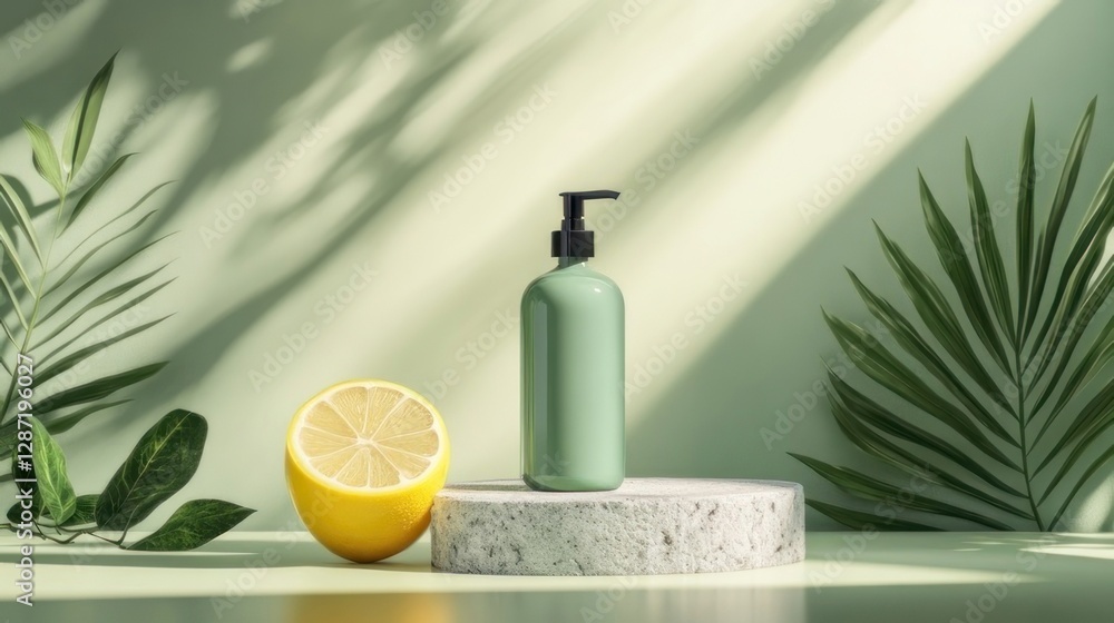 Green bottle, lemon, spa, nature display Green bottle, lemon, spa, nature display