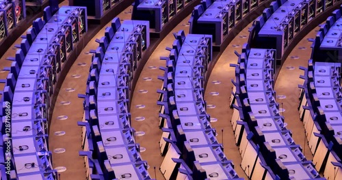 Rows of seats with open wiring in the European Parliament hemicycle are being prepared for the newly elected MEPs as election night results are announced in Strasbourg.