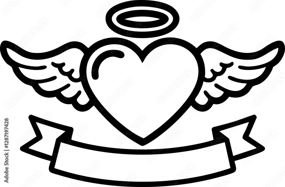 Obraz premium Vector Halo Winged Heart Tattoo Style Illustration Typography. With Custom text Banner Ribbon and angel wings.