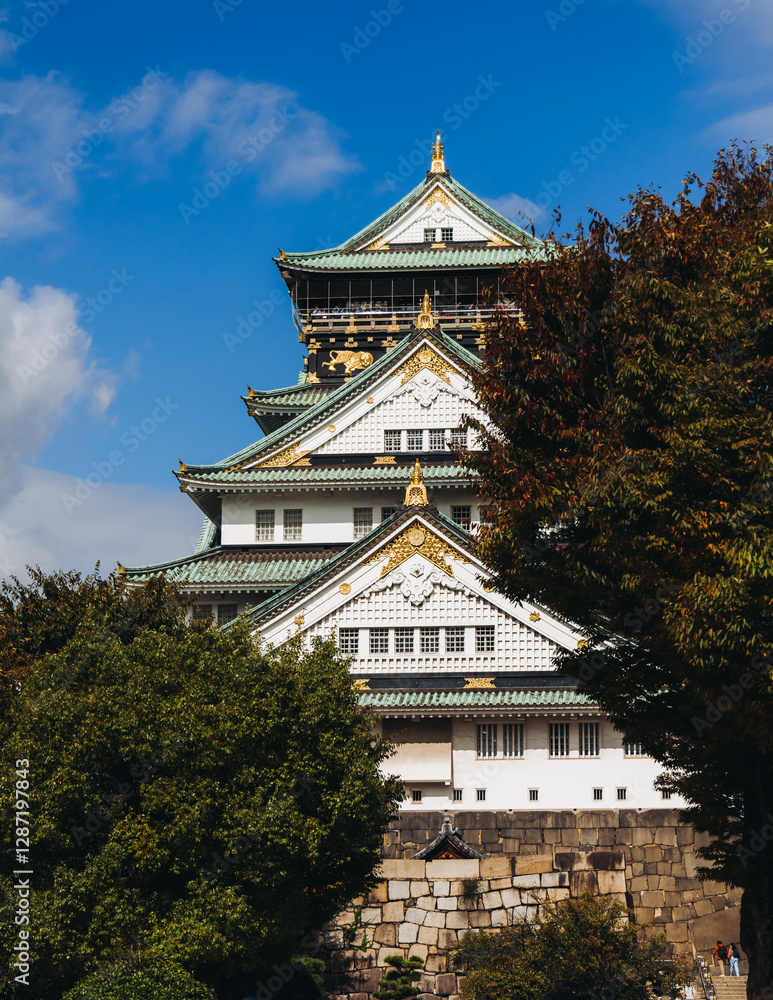 Fototapeta premium Osaka Castle, Osaka city, Japan, summer landscape vibrant view with a blue sky, Osakajo castle building, Kansai region, Osaka prefecture, travel to Japan