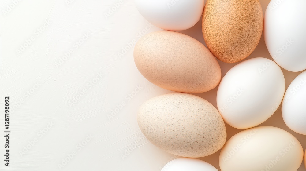 Fresh white and brown eggs on minimalistic neutral background Fresh white and brown eggs on minimalistic neutral background