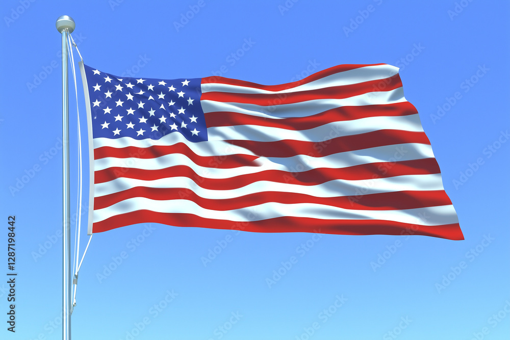 Obraz premium Beautiful USA Flag Flutters in the Wind Against a Clear Blue Sky