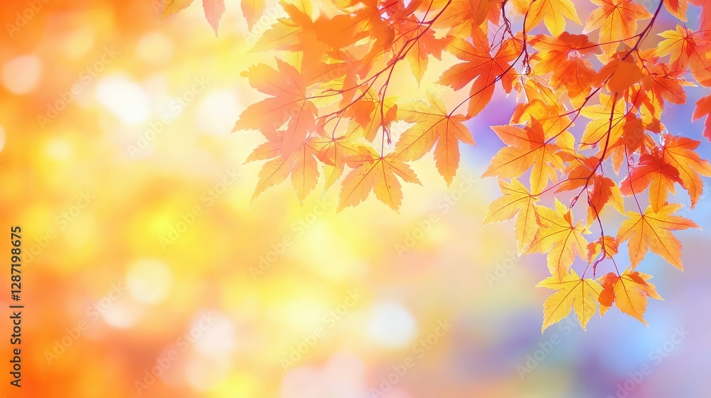 Bright autumn maple leaves glowing softly against colorful background Bright autumn maple leaves glowing softly against colorful background