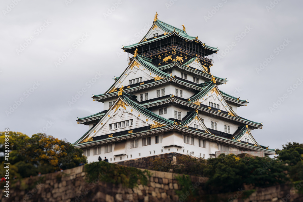 Fototapeta premium Osaka Castle, Osaka city, Japan, summer landscape vibrant view with a blue sky, Osakajo castle building, Kansai region, Osaka prefecture, travel to Japan