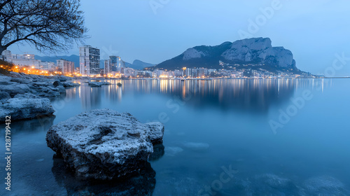 Calm sea at dusk with a rocky shoreline and the illuminated cityscape of Calpe under the Peñón de Ifach mountain in Spain.