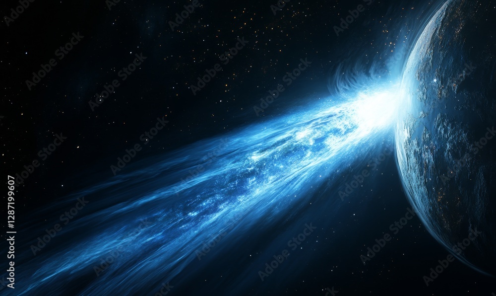 Fototapeta premium Comet striking planet, space, cosmic impact, background stars, science fiction