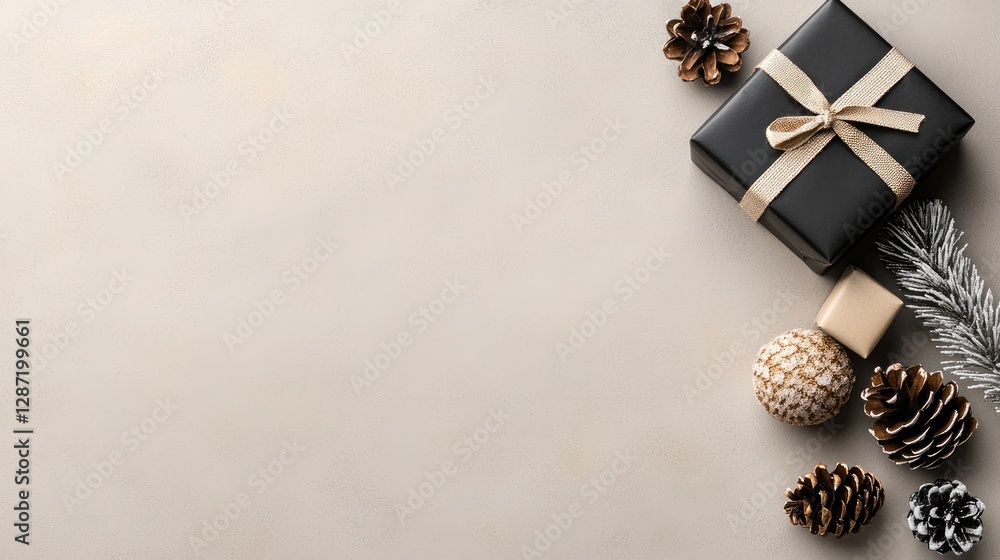 Naklejka premium Christmas gift, decorative elements, neutral background, flat lay, holiday scene, showcasing festive presents, suitable for greeting cards