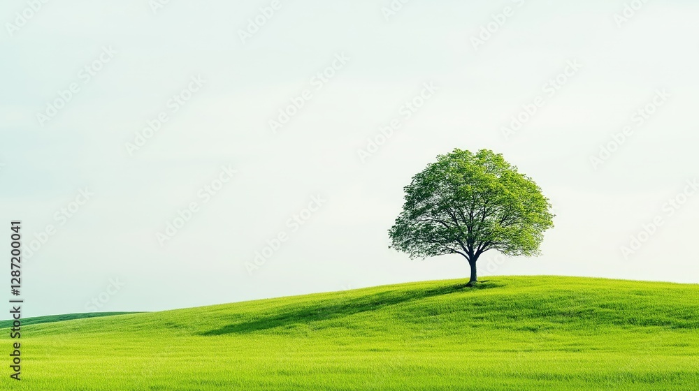 Fototapeta premium Single green tree on grassy hill under clear blue sky