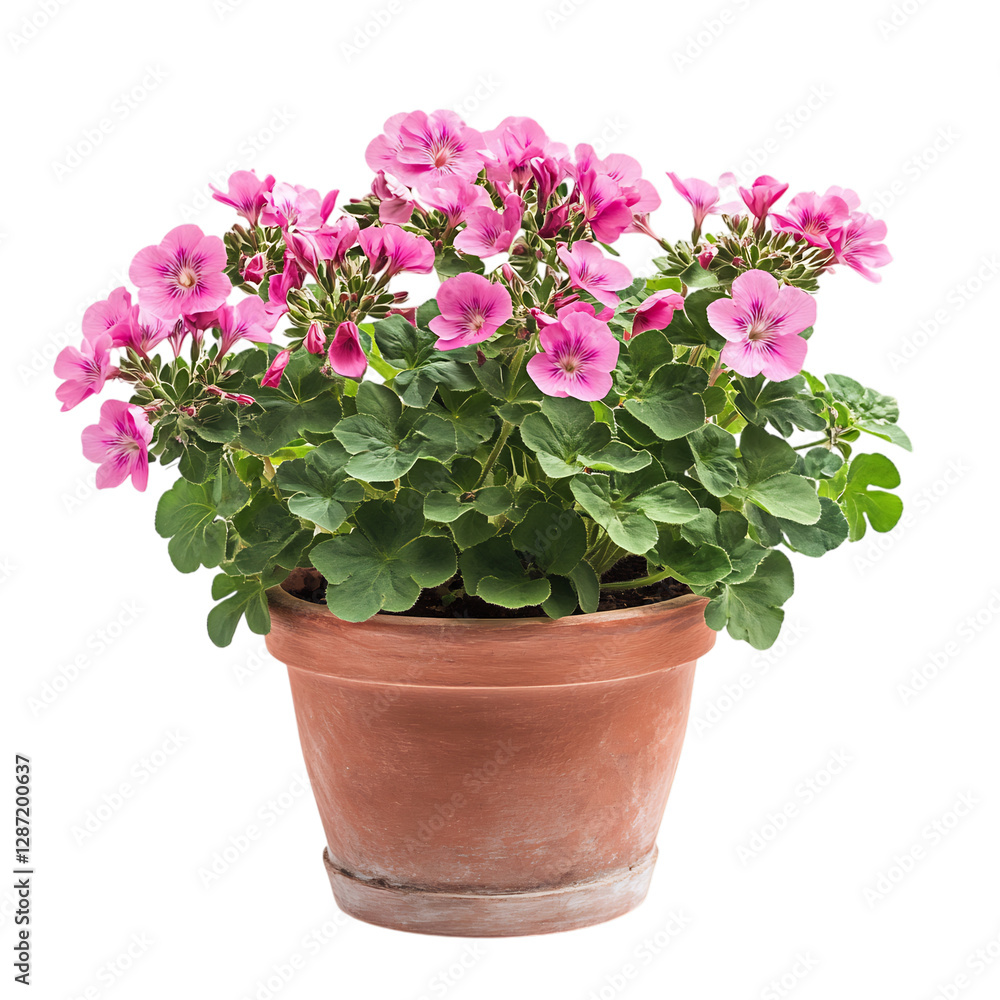 A Vibrant Potted Geranium Plant with Pink Flowers Isolated on Transparent Background A Vibrant Potted Geranium Plant with Pink Flowers Isolated on Transparent Background