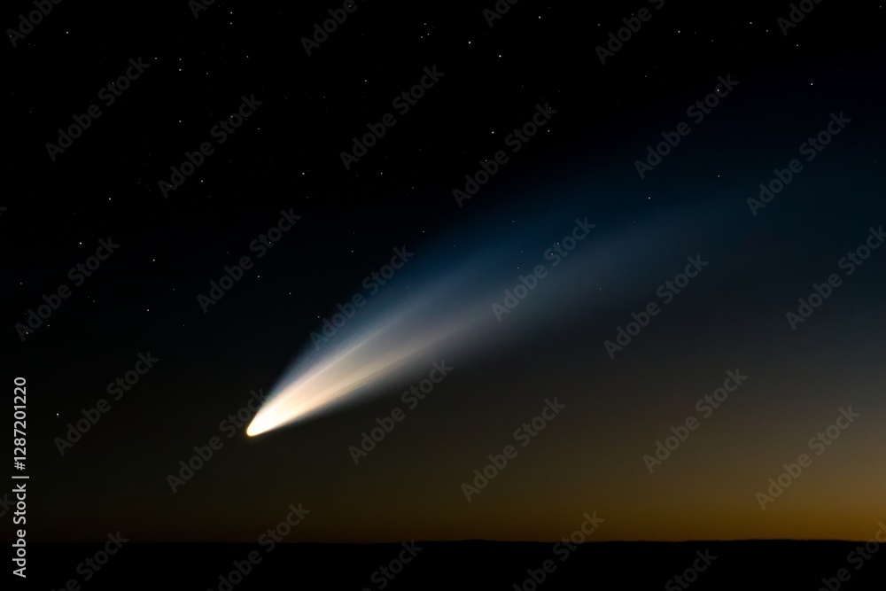 Comet streaks across night sky at dawn, desert landscape Comet streaks across night sky at dawn, desert landscape