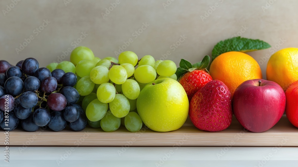 Assorted fresh fruits neatly arranged on shelf against neutral wall Assorted fresh fruits neatly arranged on shelf against neutral wall