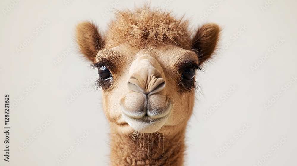 Fototapeta premium Charming baby camel portrait isolated on white background animal photography studio setting close-up view cute concept
