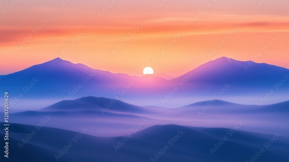 Peaceful blue mountain landscape with soft pink sunrise Peaceful blue mountain landscape with soft pink sunrise