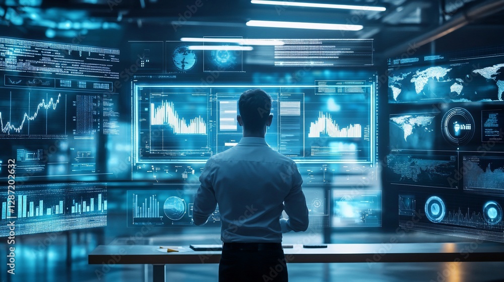 Man analyzing complex data visualization on futuristic holographic screens in office Man analyzing complex data visualization on futuristic holographic screens in office