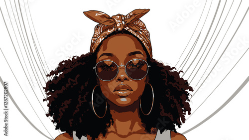 Depiction of a young black woman wearing a bandana, sunglasses, and large earrings.