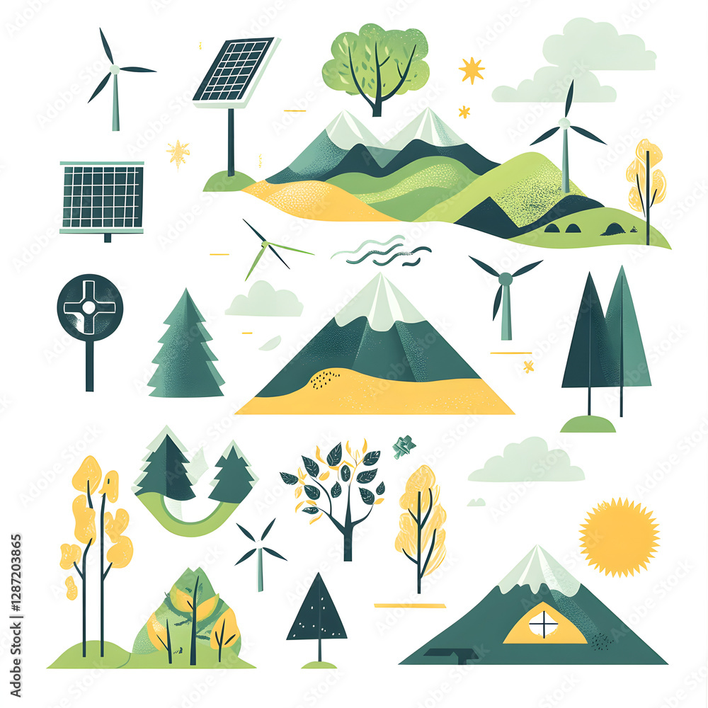 Poster with simple illustrations of renewable energy symbols like solar, wind, and hydro, combined with nature elements like trees and mountains for environmental awareness. Poster with simple illustrations of renewable energy symbols like solar, wind, and hydro, combined with nature elements like trees and mountains for environmental awareness.