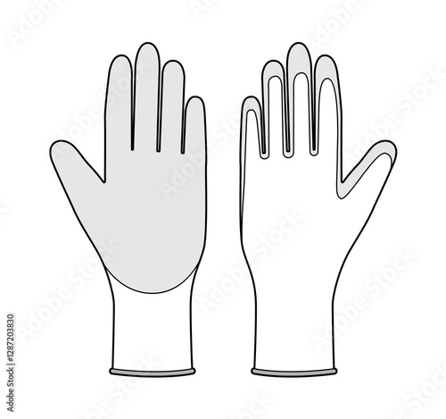Nitrile Coated Work Gloves hand accessory clothing technical illustration garment. Vector garden front palm back view for Men, women style flat template CAD mockup sketch outline on white background