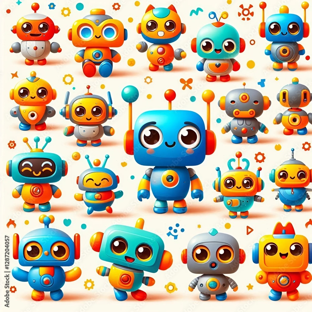 A charming illustration set featuring adorable robots in various playful poses and vibrant colors. A charming illustration set featuring adorable robots in various playful poses and vibrant colors.