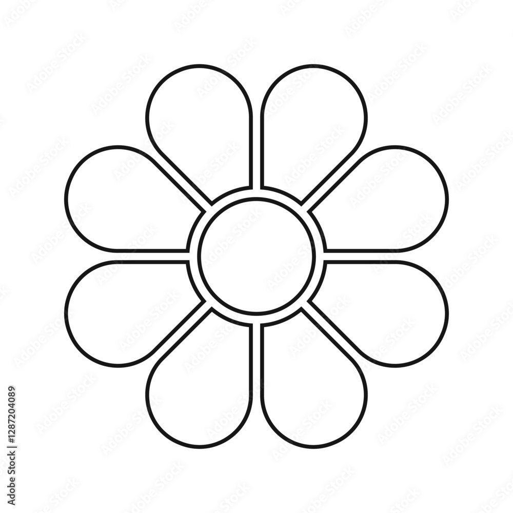 Daisy silhouette. Flower diagram with 8 petals. Floral pie chart divided on equal eight parts in leaf shapes isolated on white background. Layout for data presentation. Vector outline illustration. Daisy silhouette. Flower diagram with 8 petals. Floral pie chart divided on equal eight parts in leaf shapes isolated on white background. Layout for data presentation. Vector outline illustration.