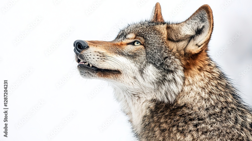 Fototapeta premium Majestic howling wolf in isolation captured on white background wildlife photography nature close-up emotion