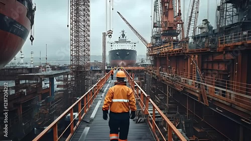 Rear View of a Worker in Orange Jacket and Safety Hat Walking on a Metal Walkway in a Large Shipyard with Cargo Ships and Heavy Machinery on a Cloudy Day in a Coastal Area