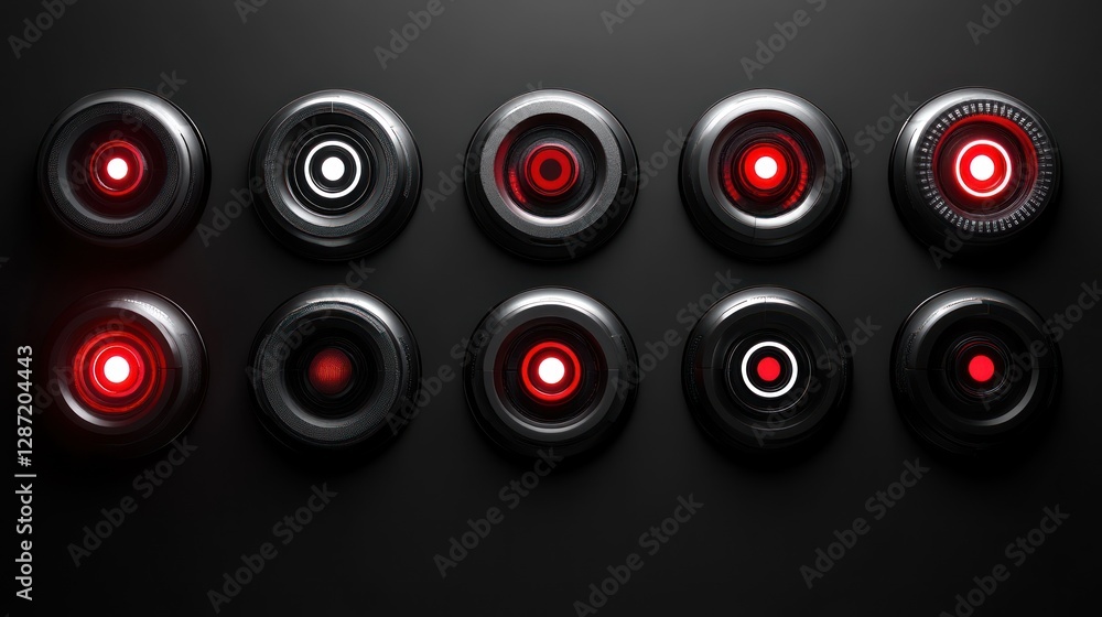Red glowing tech circles on dark background, interface design Red glowing tech circles on dark background, interface design