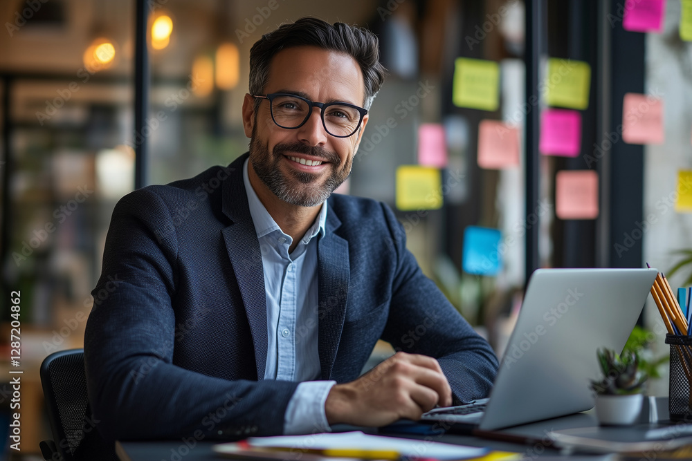Fototapeta premium Smiling businessman in a suit working in a modern office with laptop and tablet. Surrounded by colorful sticky notes on a glass wall, brainstorming ideas, planning projects, and boosting productivity.