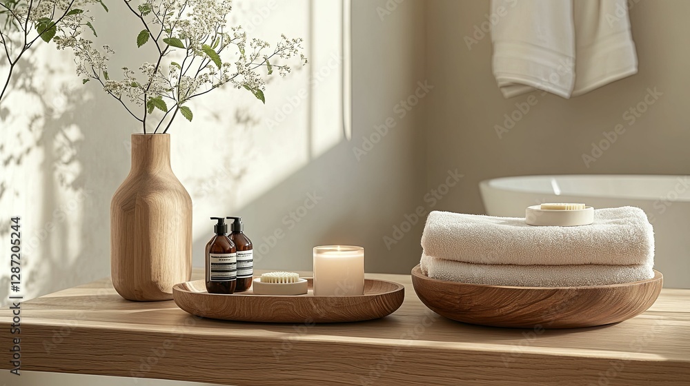 Wooden Tray Holds Spa Items and Flowers Wooden Tray Holds Spa Items and Flowers