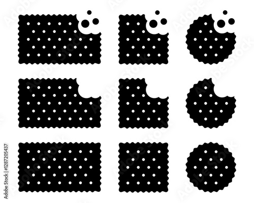 Set of bitten crackers with crumbs. Sweet or salty biscuit cookies in round, square and rectangle shapes. Crunchy snacks silhouettes isolated on white background. Vector graphic illustration.
