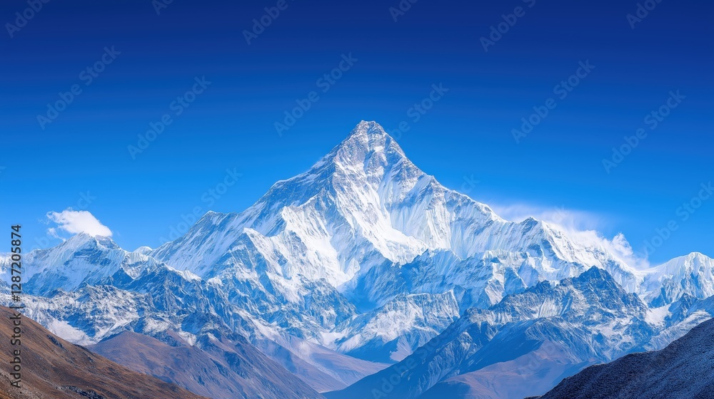Fototapeta premium Snowy mountain landscape illustration in pastel blue hues