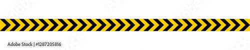 Caution barricade tape with black and yellow chevron print. Barrier in quarantine zone, construction work area or crime scene. Stop, attention, warn or forbidden signs. Vector flat illustration.