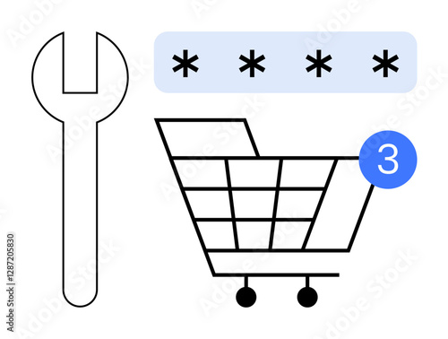 Large wrench, password field with asterisks, and shopping cart icon with number 3 alert. Ideal for online shopping, cybersecurity, e-commerce, software updates, service management, password