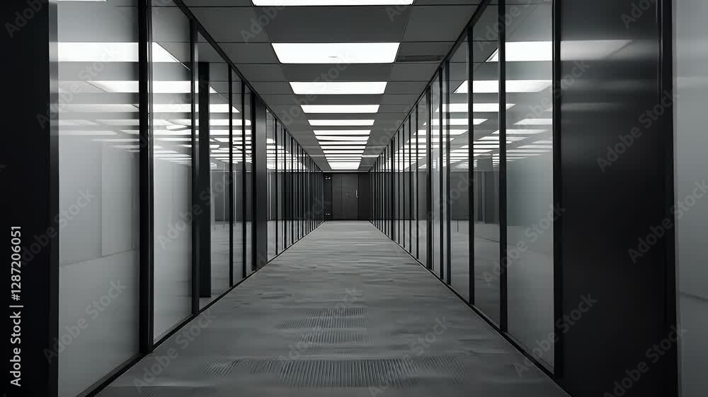 Symmetrical Modern Hallway with Geometric Flooring in Grayscale Tones Featuring Clean Lines and Minimalist Design And Perspective View Symmetrical Modern Hallway with Geometric Flooring in Grayscale Tones Featuring Clean Lines and Minimalist Design And Perspective View