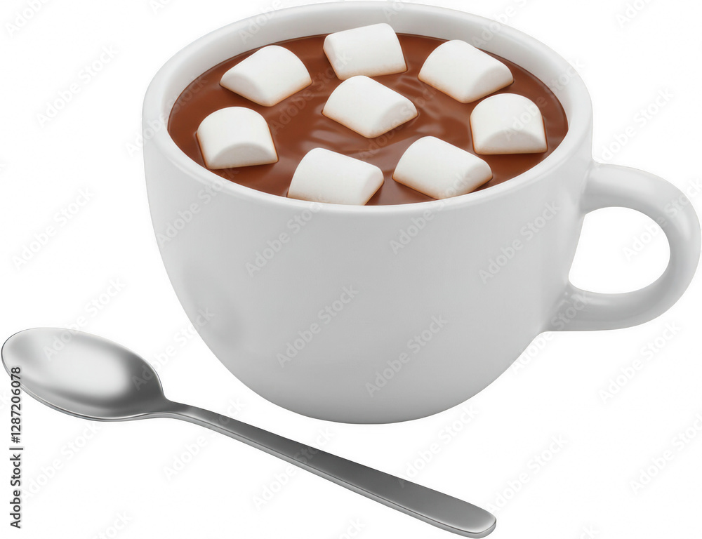 Delicious Hot Chocolate with Marshmallows in a White Mug and Spoon Delicious Hot Chocolate with Marshmallows in a White Mug and Spoon