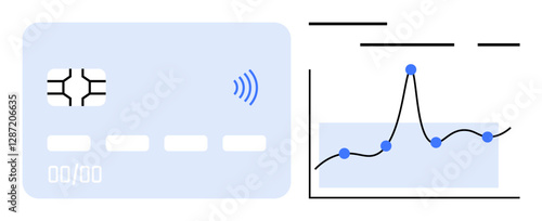 Credit card featuring contactless payment symbol next to a financial graph with data points and lines. Ideal for finance, banking, technology, e-commerce, investments, data analysis, financial