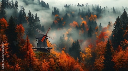 Autumn Windmill Misty Mountain View photo