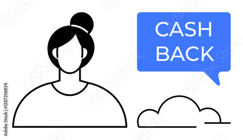 Female avatar in black lines with hair in a bun, accompanied by a blue speech bubble stating Cash Back over a cloud icon. Ideal for finance, rewards programs, customer engagement, money-saving tips