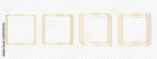 Set of golden square frames. Shiny rectangular borders, bright decorative frameworks, design elements for banners, birthday or wedding cards isolated on transparent background. Vector illustration.