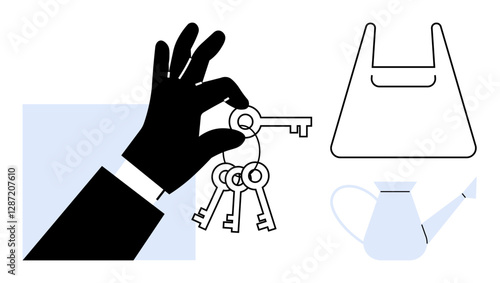 Hand holding keys next to a shopping bag and watering can. Ideal for themes of security, shopping, gardening, responsibility, access, daily tasks, and organization. Minimalist abstract line flat