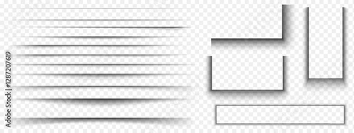 Set of paper or packing box, banner or card shadow effects. Different realistic soft grey shapes. Divider lines and rectangular shades isolated on transparent background. Vector illustration.