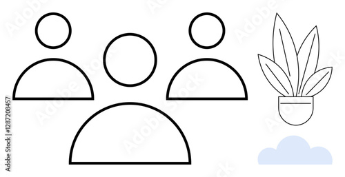 Three outline figures in triangular arrangement, plant in pot, cloud at bottom right. Ideal for teamwork, collaboration, social interaction, simplicity, nature, growth minimalism abstract line flat