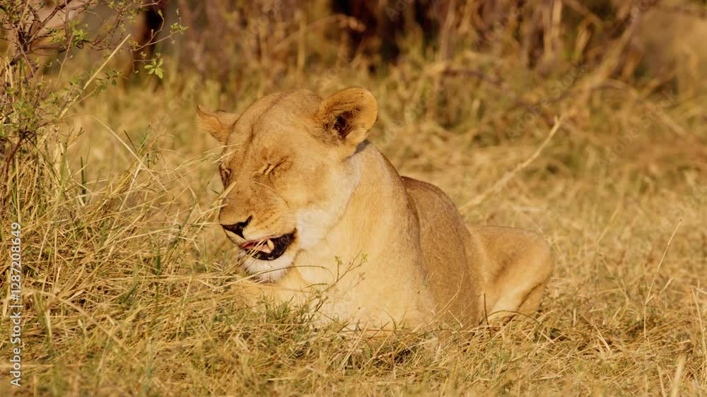 A lion licking his paw in Masai Mara National Reserve in kenya, Africa. A lion licking his paw in Masai Mara National Reserve in kenya, Africa.