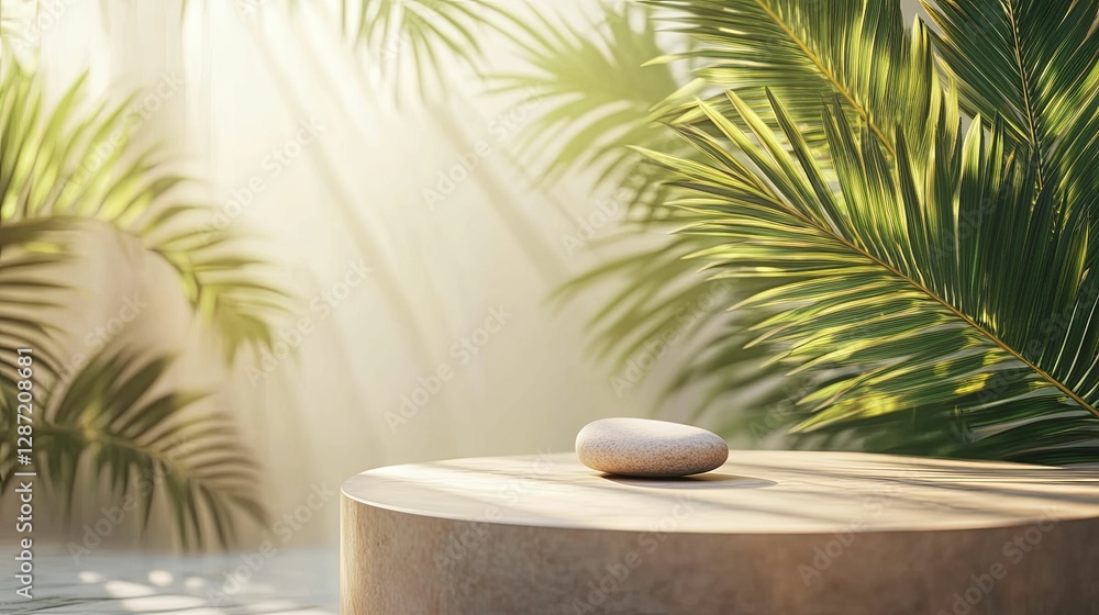 Serene Stone Resting On Wooden Surface Amidst Palm Fronds Serene Stone Resting On Wooden Surface Amidst Palm Fronds