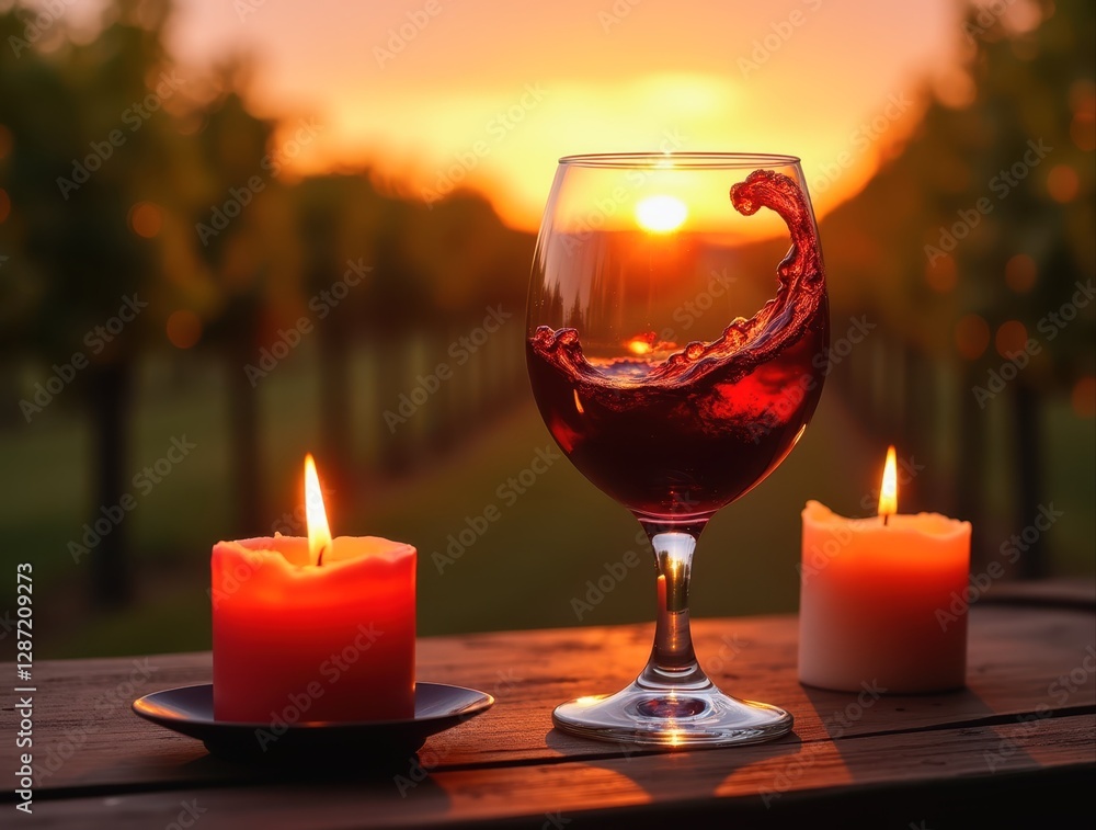 Glass of red wine swirling at sunset in vineyard with candles Glass of red wine swirling at sunset in vineyard with candles