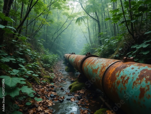 Rusted pipeline crossing misty rainforest stream demonstrating nature reclaiming industrial remains photo