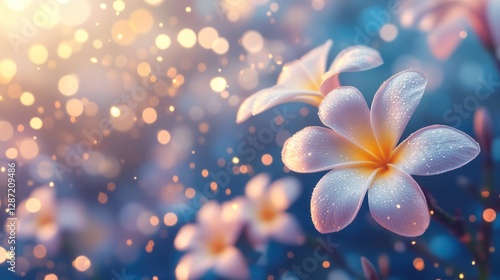 Dewy tropical flowers, bokeh background, website banner