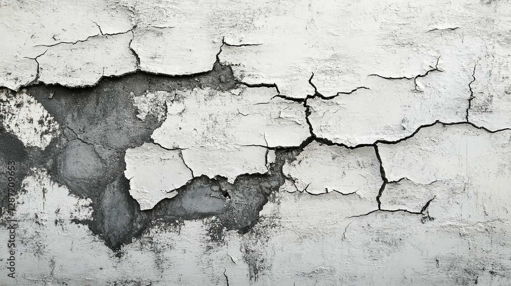 Cracked White Wall Showing Underlying Grey Plaster Cracked White Wall Showing Underlying Grey Plaster