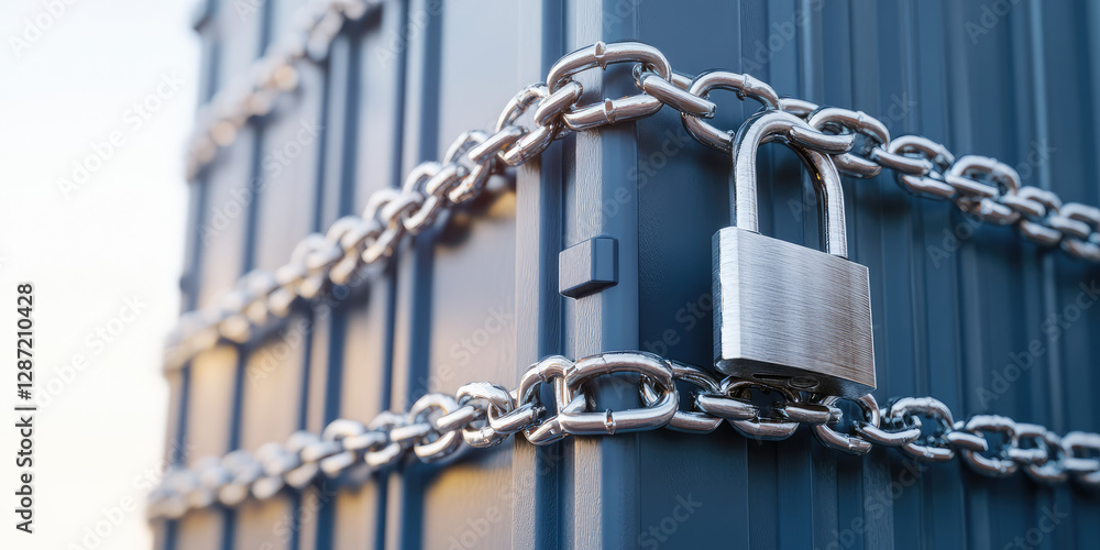 Close-up shipping container wrapped in safety chain with a padlock, reliability of maritime transportation Close-up shipping container wrapped in safety chain with a padlock, reliability of maritime transportation