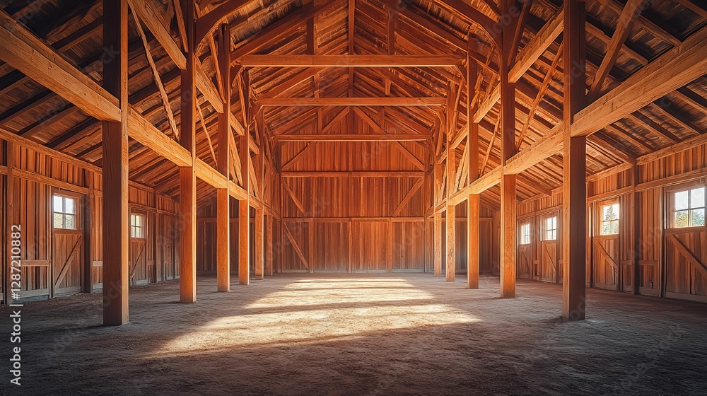 Sunlit Interior Of A Large Wooden Barn Structure Sunlit Interior Of A Large Wooden Barn Structure